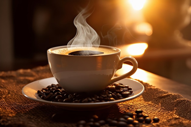 Coffee cup and coffee beans on the table in the morning