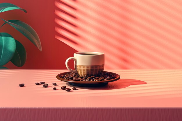 Coffee cup coffee beans on the table plants with green leaves and background with shadows