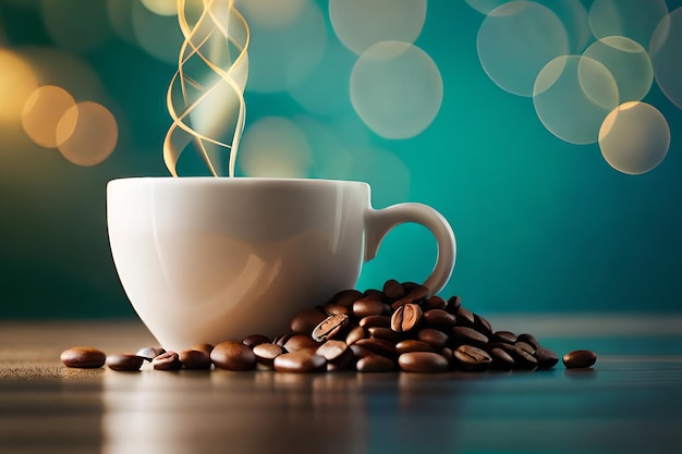 A coffee cup and coffee beans on a table with a green background.