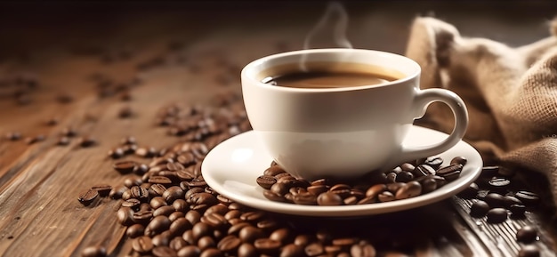 Coffee cup and coffee beans on a table