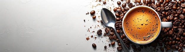 Photo coffee cup and coffee beans on white background top view copy space