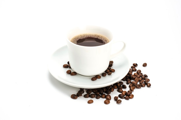 Coffee cup and coffee beans on a white background