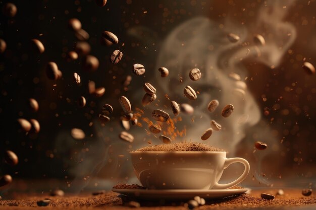茶色の背景に蒸気を放つコーヒーカップとコーヒー豆