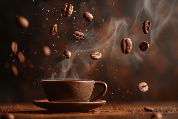 茶色の背景に蒸気を放つコーヒーカップとコーヒー豆