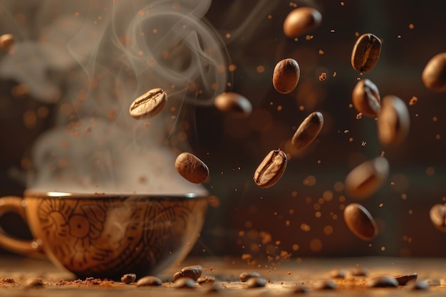 Coffee cup and coffee beans with steam on brown background