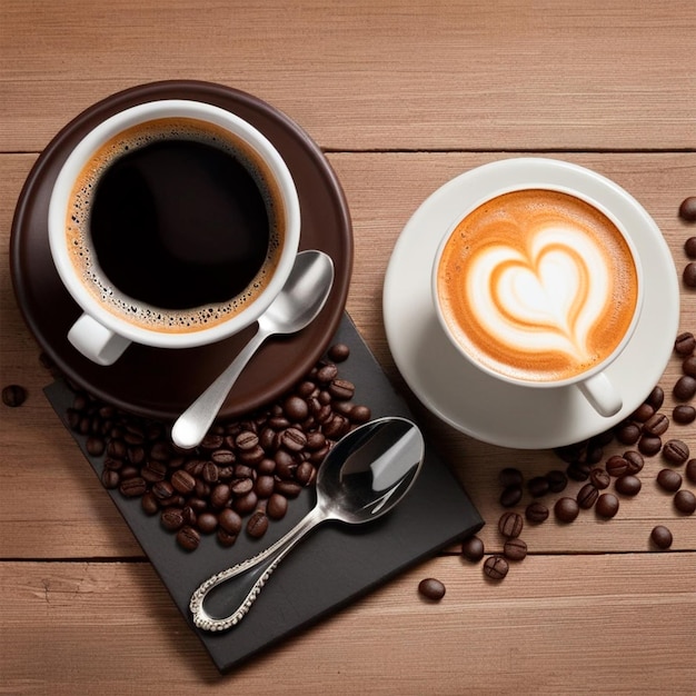 Photo coffee cup and coffee beans on wooden background top view