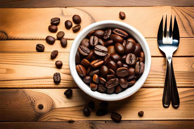 Coffee cup and coffee beans on wooden background