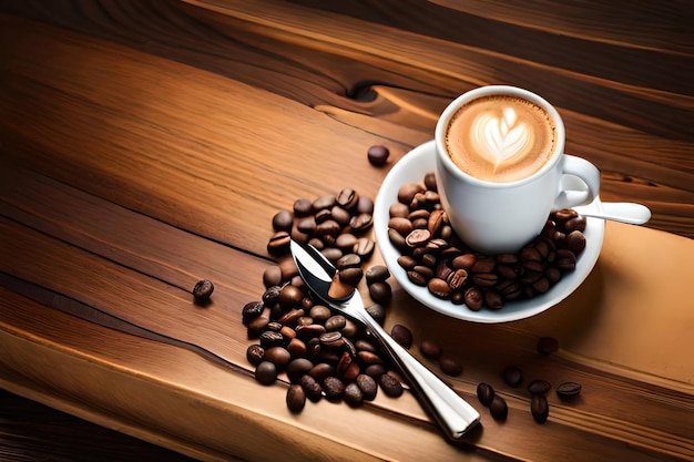 Coffee cup and coffee beans on wooden background