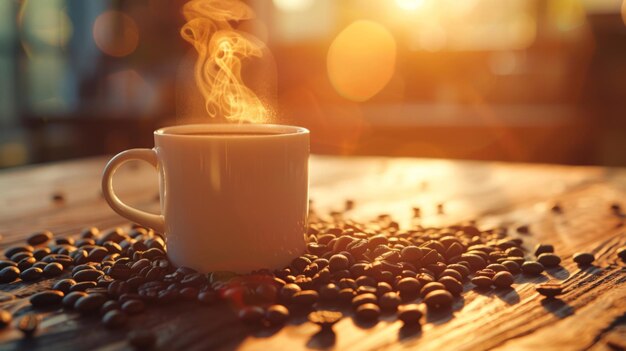 Coffee cup and coffee beans on wooden table in the morning