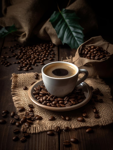 Coffee cup and coffee beans on a wooden table