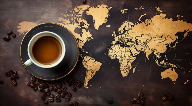 Coffee cup and coffee beans on the world map background generativa IA