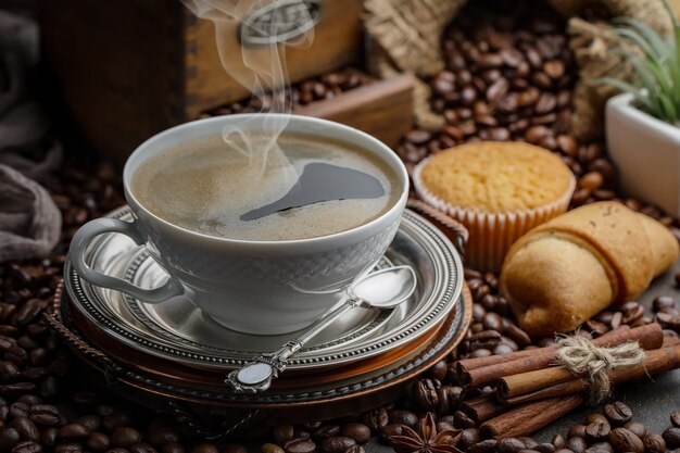 Coffee in a cup on coffee beans