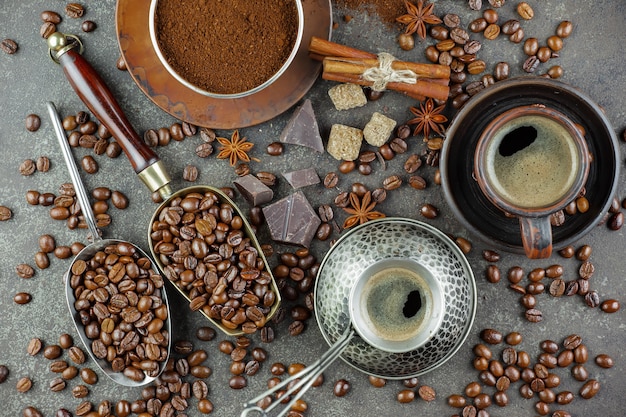 Coffee in a cup on coffee beans