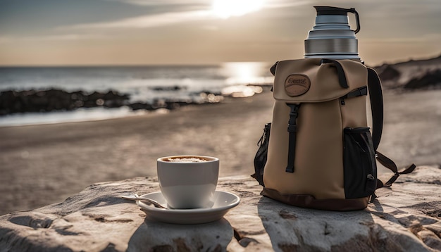 Foto una tazza di caffè e una tazza da caffè su un tavolo accanto a una macchina da caffè