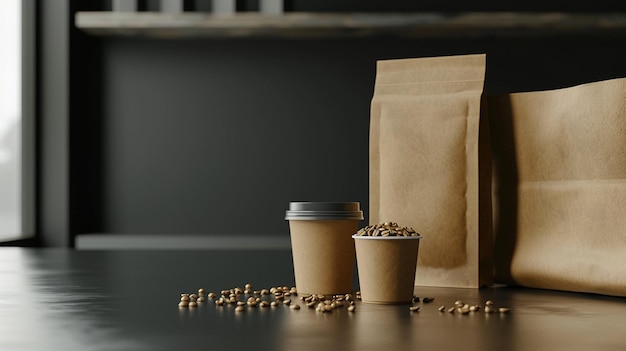 a coffee cup and a coffee cup on a table with coffee beans