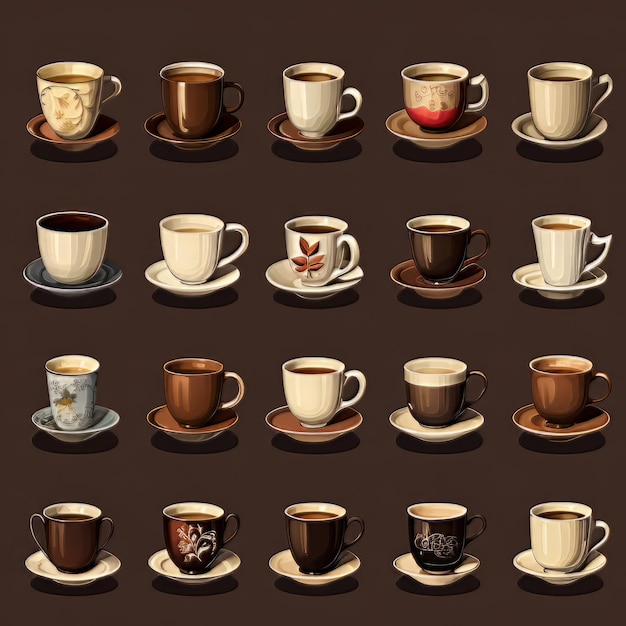 写真 茶色の背景に隔離されたコーヒーカップのコレクション