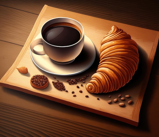 Coffee cup croissant and coffee beans all displayed on a wooden table