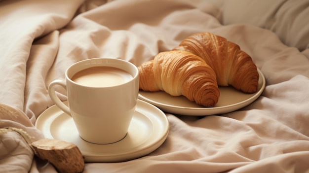 Coffee cup and croissants are placed in trays on the bed