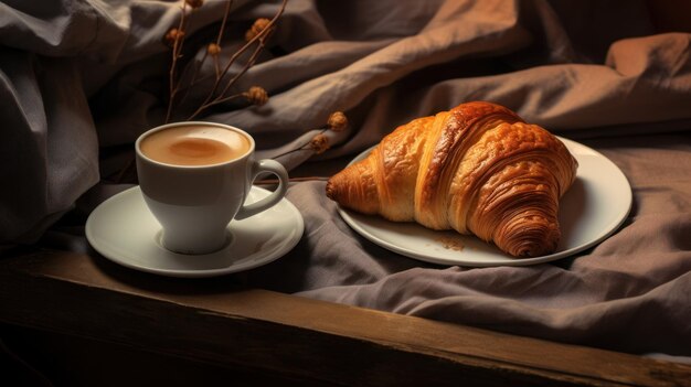 Coffee cup and croissants are placed in trays on the bed