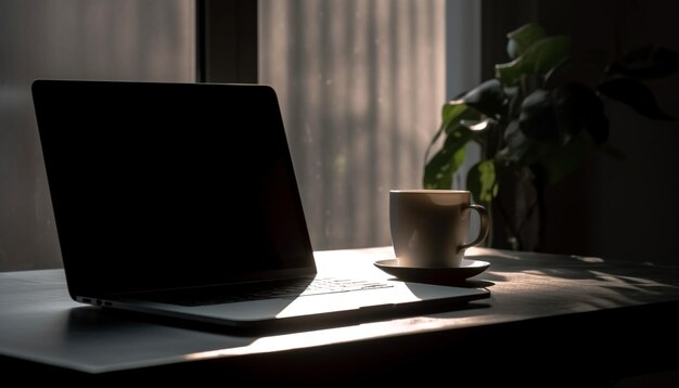 Coffee cup on desk laptop and window generated by AI