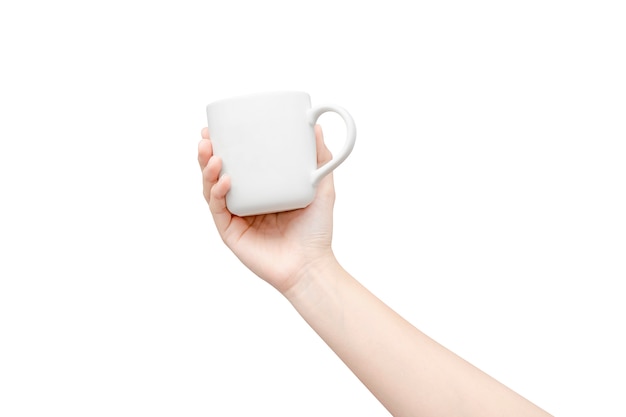 Coffee cup in hand on white 