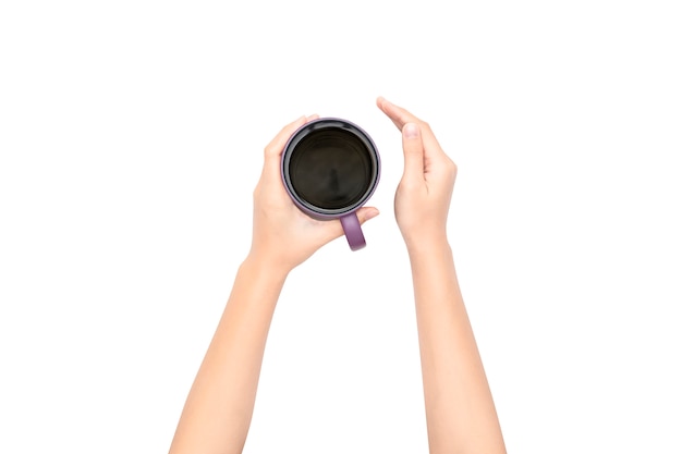 Coffee cup in hand on white