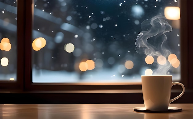 Coffee cup hot with smoking on smooth face wooden table on the light bokeh blurred background