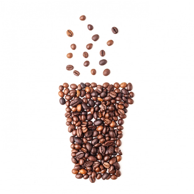 Coffee cup image made up of coffee beans on a white background