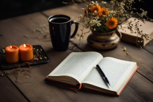 A coffee cup is placed on the table there is a book on the side simple scene Generative AI