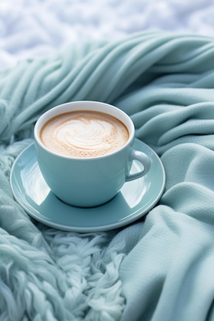A coffee cup is placed on top of a grey blanket