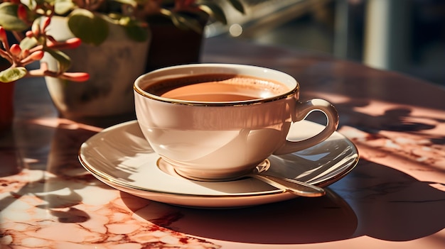 a coffee cup is sitting on a white surface