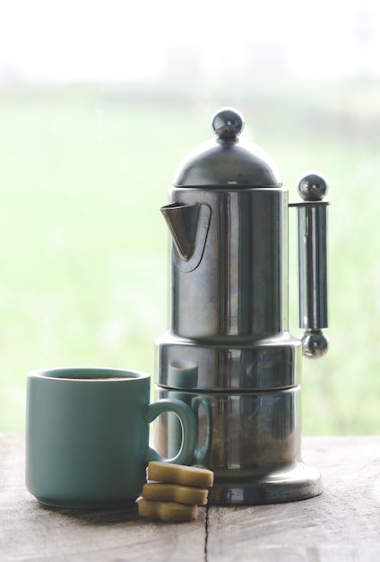 Coffee cup and Italian coffee maker.