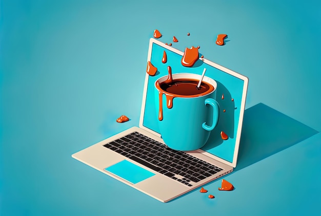 Coffee cup and laptop on a blue backdrop