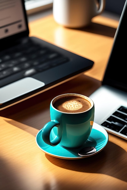 Photo coffee cup and laptop on coffee desk