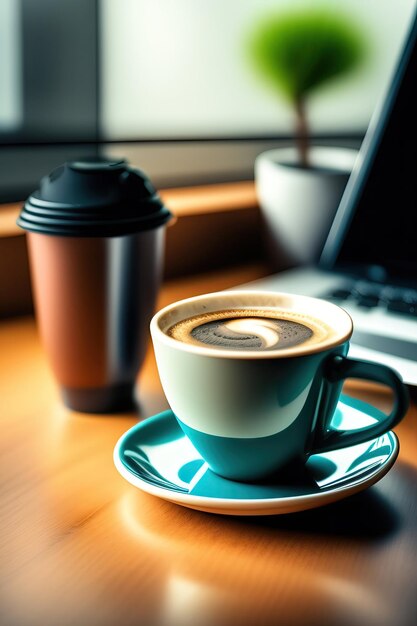 オフィスの机のコーヒー カップとラップトップ職場での朝のコーヒー