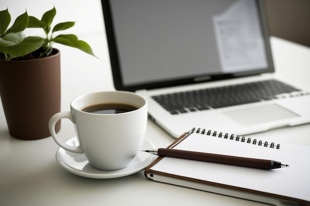 Coffee cup and laptop on white desk