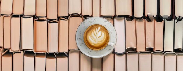 Coffee cup and many books