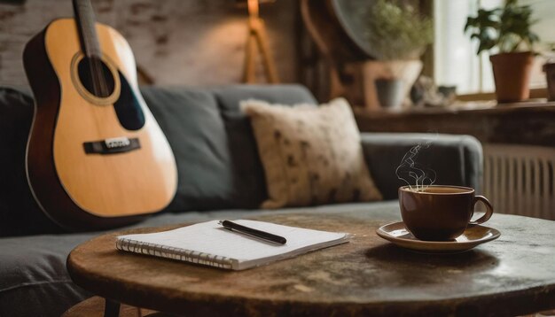 Coffee cup and note book on wooden table in coffee shop