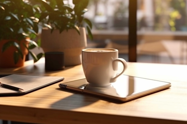 Coffee cup and notebook on table in coffee shop stock phoo