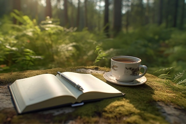 秋の森の木のテーブルにコーヒーカップとノート