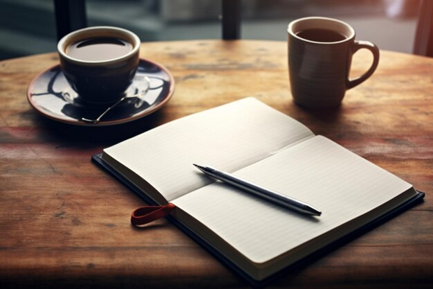 Coffee cup and notebook on wooden table with vintage filter effect