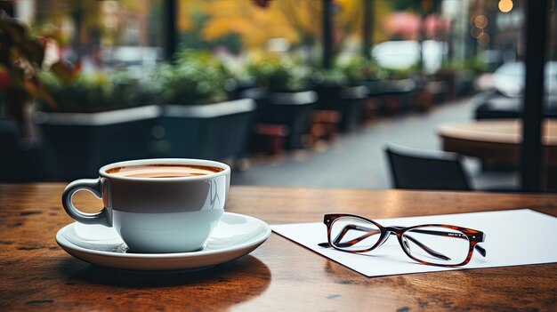 A coffee cup, a notepad, and some eyeglasses are on a wooden desk. At the top view, there is a blank area for your own content.