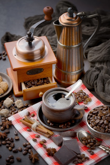 Coffee in a cup on an old background