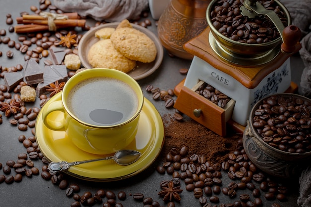 Coffee in a cup on an old background