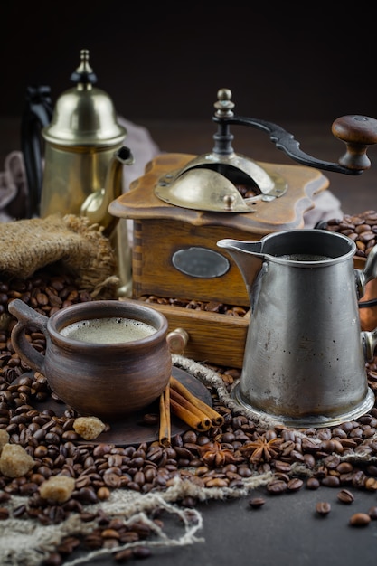 Coffee in a cup on an old background