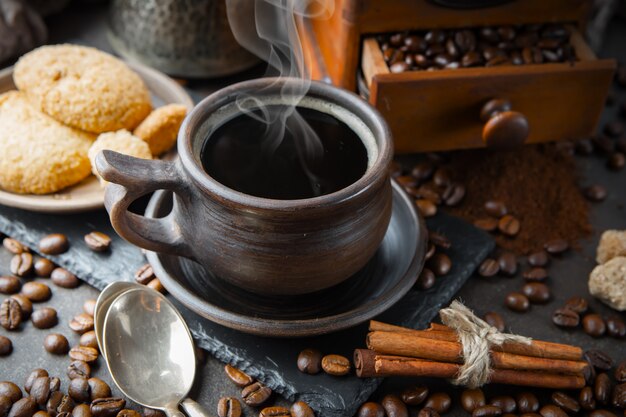 Coffee in a cup on an old background