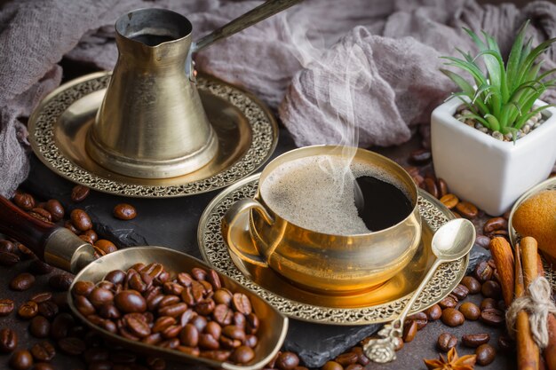 Coffee in a cup on an old background