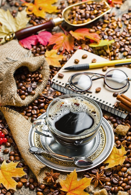 Coffee in a cup on an old background