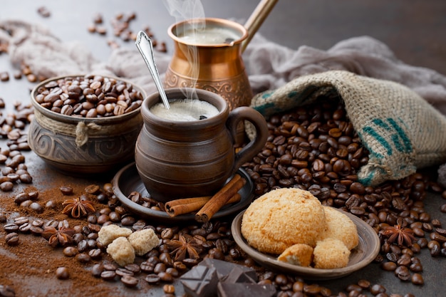 Coffee in a cup on an old background