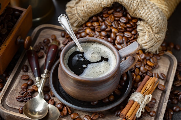 Coffee in a cup on an old background